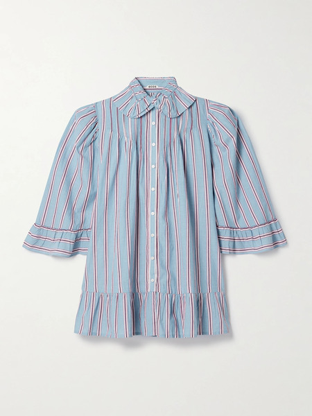  Bode Bode - Ruffled Embroidered Striped Cotton-voile Mini Shirt Dress - Blue 