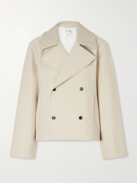  Bottega Veneta Bottega Veneta - Double-breasted Intrecciato Leather-trimmed Striped Wool And Cotton-blend Jacket - Beige 