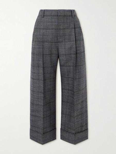  Brunello Cucinelli Brunello Cucinelli - Cropped Bead-embellished Pleated Prince Of Wales Checked Wool Wide-leg Pants - Gray 