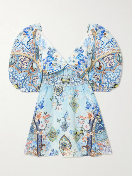  Camilla Camilla - Al Manial Palace Memoirs Twist-front Crystal-embellished Linen And Silk-blend Mini Dress - Blue 