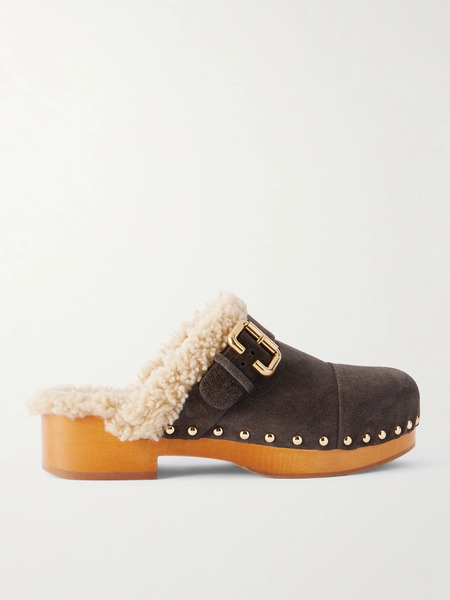  Chloé Chloé - Jeannette Embellished Shearling-lined Suede Clogs - Dark Brown 