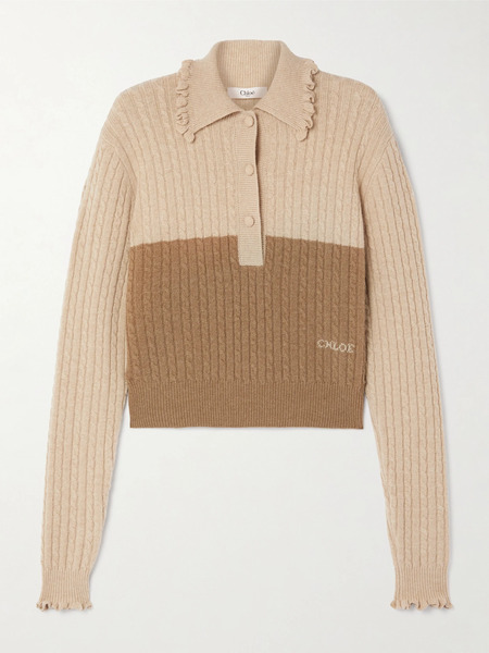  Chloé Chloé - Ruffle-trimmed Cable-knit Wool Polo Sweater - Beige 