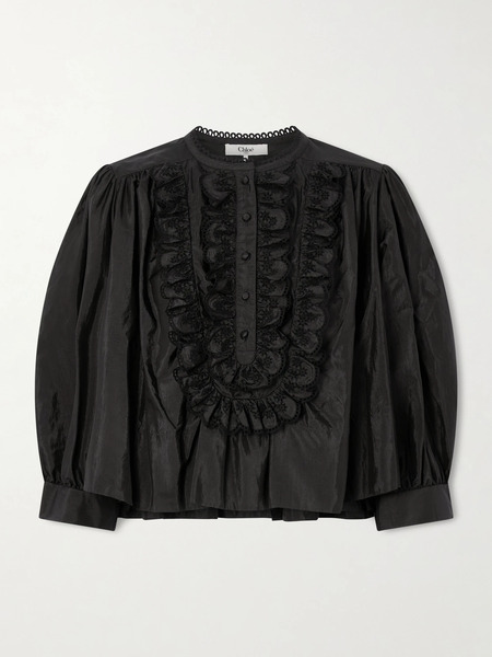  Chloé Chloé - Ruffled Broderie Anglaise-trimmed Taffeta Blouse - Black 