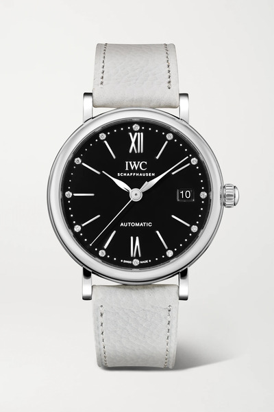  Iwc Schaffhausen Iwc Schaffhausen - Portofino Automatic 37mm Stainless Steel, Textured-leather And Diamond Watch - Silver 