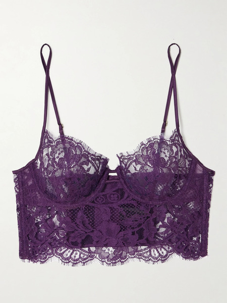  Kiki De Montparnasse Kiki De Montparnasse - Camille Stretch-silk Satin-trimmed Organic Cotton-blend Lace Underwired Bra - Purple 