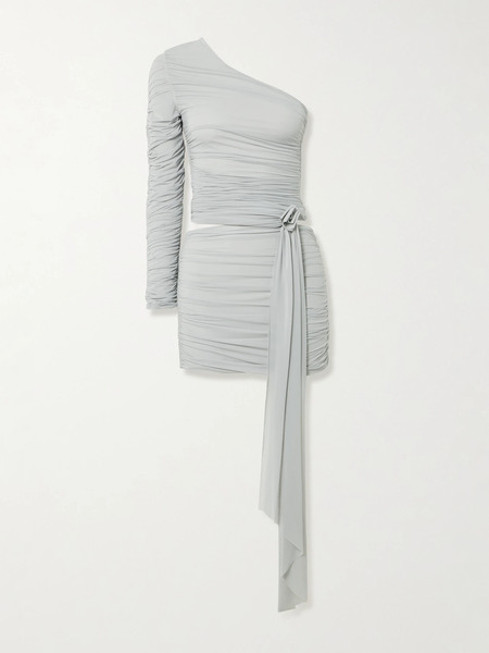  Maygel Coronel Maygel Coronel - Socarras Appliquéd Ruched Stretch-mesh One-shoulder Top And Mini Skirt Set - Light Gray 