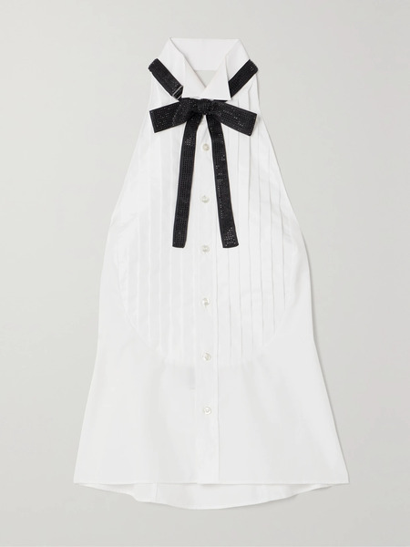  Ralph Lauren Collection Ralph Lauren Collection - Sorrento Embellished Bow-detailed Pleated Cotton-poplin Halterneck Top - White 