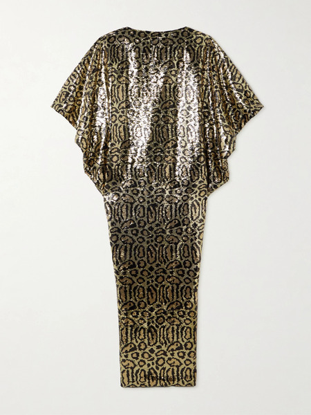  Taller Marmo Taller Marmo - Truman Animalier Kaftan In Black-gold Animal-print Sequined Mesh Gown - Leopard Print 