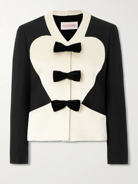  Valentino Garavani Valentino Garavani - Bow-embellished Ribbed Cotton-blend And Wool And Silk-blend Crepe Jacket - Black 