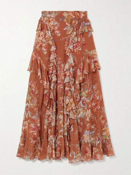  Zimmermann Zimmermann - Awaken Belted Ruffled Floral-print Cotton And Silk-blend Crepe De Chine Maxi Skirt - Light Brown 