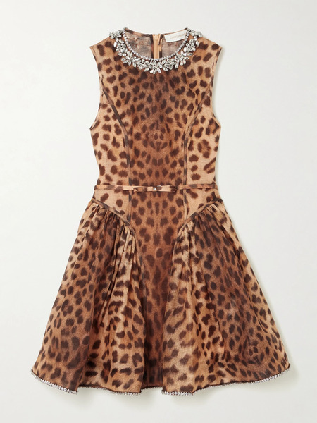  Zimmermann Zimmermann - Crush Crystal-embellished Paneled Leopard-print Linen And Silk-blend Mini Dress - Leopard Print 