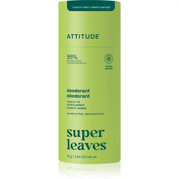  Attitude Super Leaves Natural Deodorant Deodorante Solido Naturale Senza Alluminio Pear & Amber 75 G 