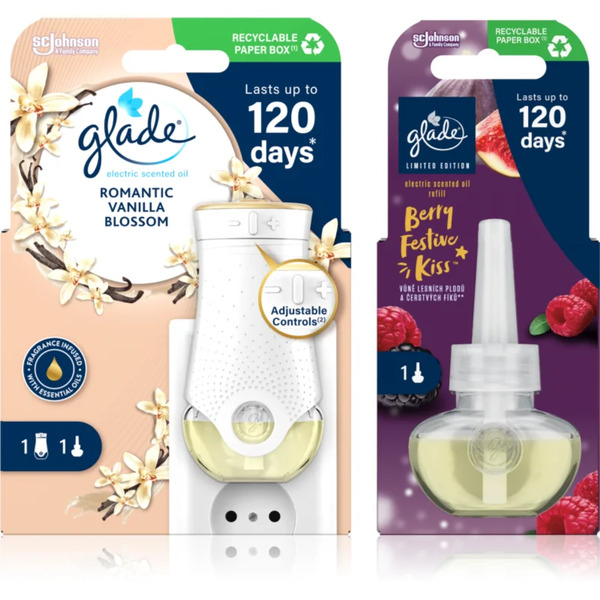  Glade Electric Scented Oil Romantic Vanilla Blossom + Berry Festive Kiss Confezione Conveniente 3 Pz 