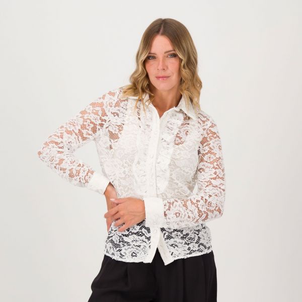  Palazzo Moda Camicia In Pizzo Con Rouche A Maniche Lunghe 