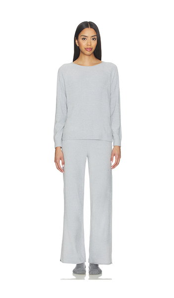  Barefoot Dreams Cozychic Jersey Roll Pullover & Wide Leg Pant Set In Light Grey. Taglia Xs. Also In S, M, L, Xl. 