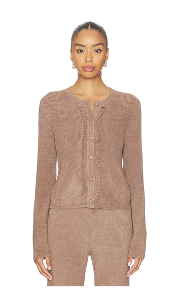 Barefoot Dreams Cozychic Ultra Lite Pointelle Rib Ruffle Front Cardigan In Brown. Taglia S. Also In Xs, M, L, Xl. 