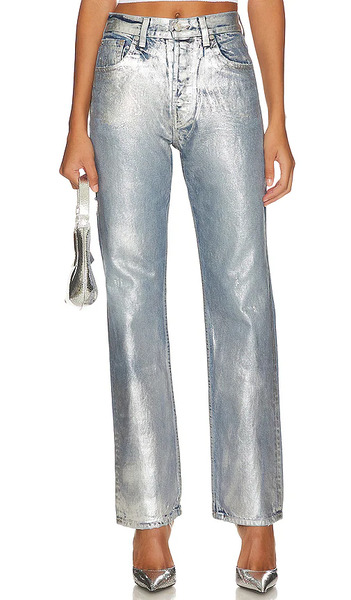  Eb Denim High Rise Straight Jeans In Metallic Silver. Taglia 23. Also In 24, 25, 26, 27, 28, 29, 30. 