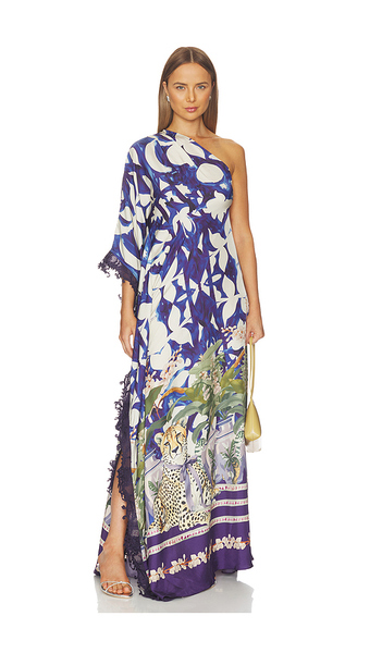  Falguni Shane Peacock Chateau Cheetah Print Kaftan With Lace Trim In Navy. Taglia Xs. Also In S, M, L, Xl. 