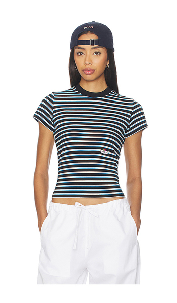  Hommegirls X Fruit Of The Loom Striped Baby Tee In Baby Blue With Printed Fruit Clusters In Black,blue. Taglia Xs. Also In S. 