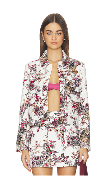  L'agence Nyx Crop Jacket In White Multi Large Butterfly Jungle In White,pink. Taglia 00. Also In 0, 2, 4, 6, 8. 