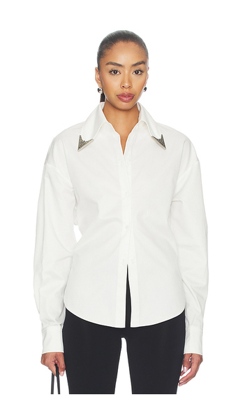  Markgong Tie-back Shirt With Metallic Pointed Collar In White. Taglia 34/2. Also In 36/4, 38/6, 40/8, 42/10. 