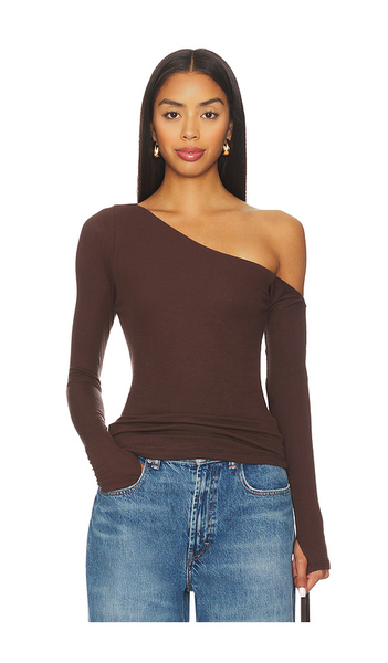  Michael Lauren Magdaleno Long Sleeve Fitted Asymmetrical Cold Shoulder Top In Brown. Taglia S. Also In Xs, M, L. 