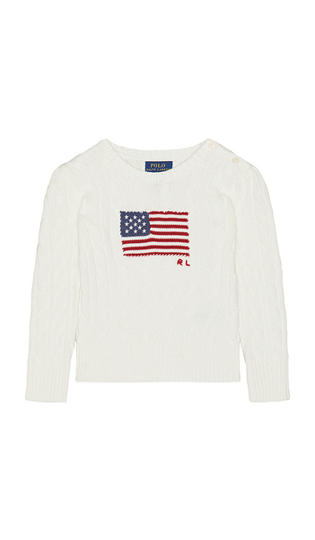  Polo Ralph Lauren Long Sleeve Cotton Cable Knit Flag Crewneck Sweater In White. Taglia 2. Also In 3, 4. 