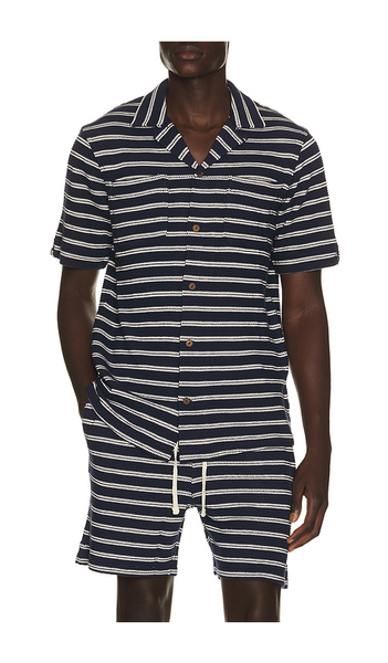  Polo Ralph Lauren Short Sleeve Cotton Bar Stripe Textured Andy Camp Shirt In Blue. Taglia S. Also In M, L, Xxl/2x. 