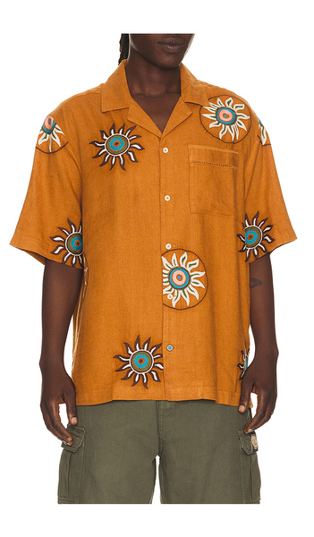  Scotch & Soda Embroidered Linen Relaxed Fit Short Sleeve Shirt In Orange. Taglia S. Also In M, L, Xl/1x. 
