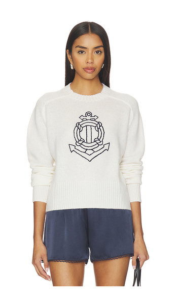  White & Warren Featherweight Cashmere Nautical Embroidered Sweater In White. Taglia Xs. Also In S, M, L. 