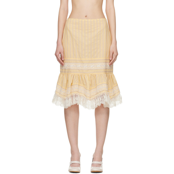  Anna Sui Yellow Ruffle Lace Midi Skirt 