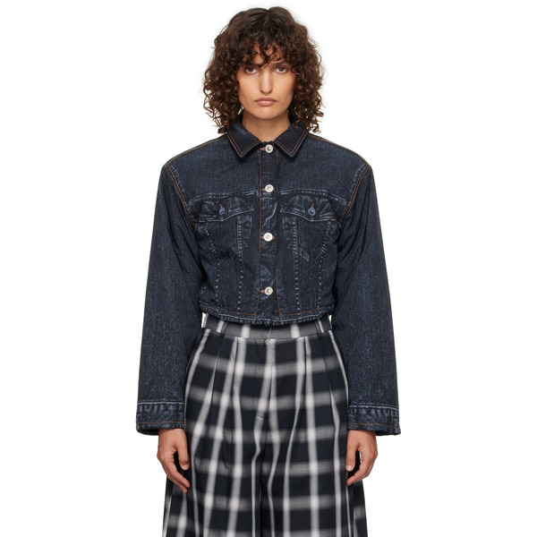 Pushbutton Black Denim Print Cropped Jacket 