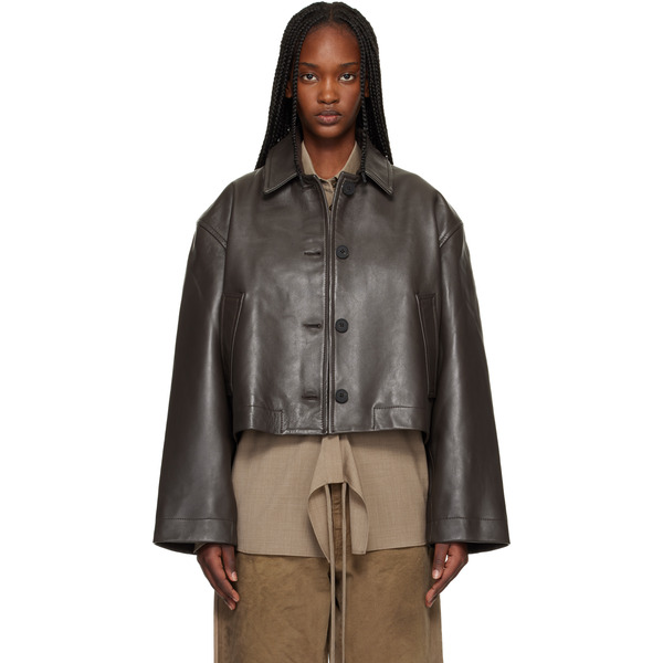  Studio Nicholson Brown Button Through Cropped Leather Jacket 